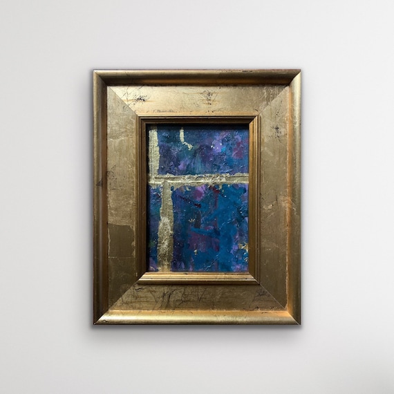 Original Framed Abstract Collage, Gold Leaf Acrylic & Ink, Distressed Gold Frame, Ready to Hang, Midnight Blue Purple Mixed Media Art
