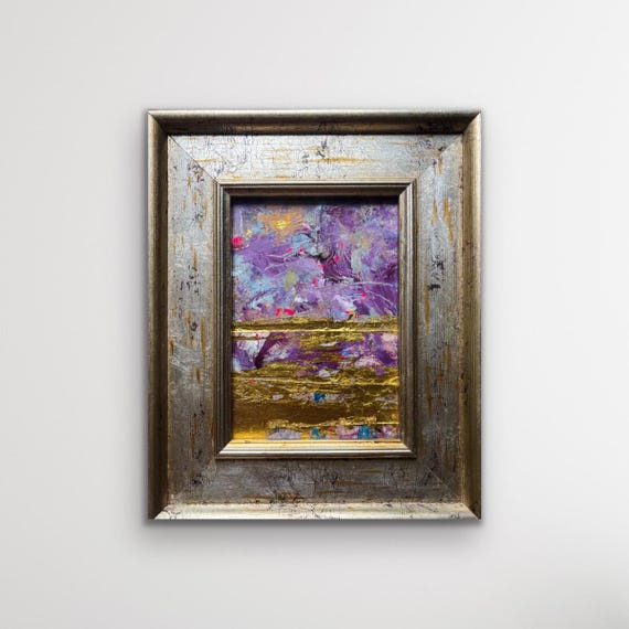 Original Framed Abstract Collage, Gold Leaf Acrylic & Ink, Distressed Silver Gold Frame, Ready to Hang, Purple Gold Mixed Media Art