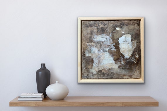 Miles away Collage botanical ink, acrylic paint, texture on paper and linen adhered to a wooden panel white frame 34x34 cm