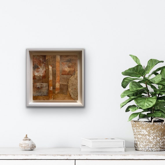 Abstract artwork, Our place, collage paper botanical ink, charcoal, acrylic paint on wooden panel in float frame 24x24 cm