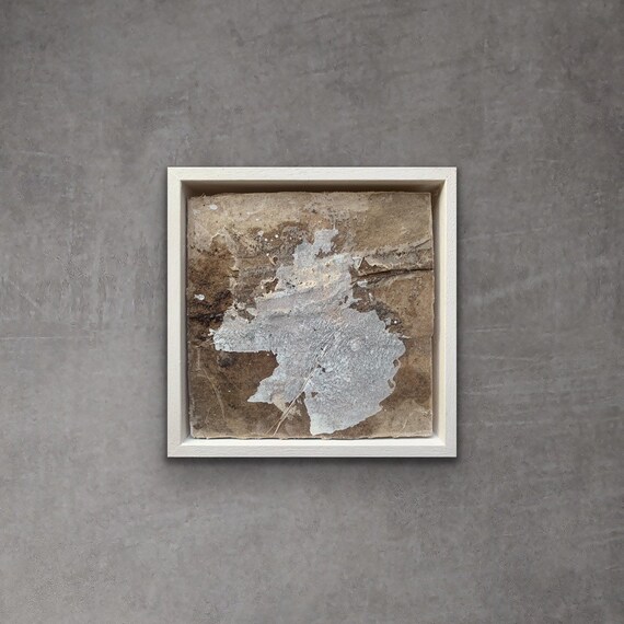 First signs of spring IV collage botanical ink, acrylic paint, texture on paper and linen adhered to a wooden panel white frame 18x18 cm