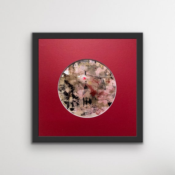 abstract art, times like these collaged paper botanical ink, acrylic paint cardboard 17.5 cm circle mounted on 30x30 cm card