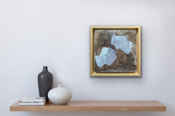 First signs of spring collage botanical ink, acrylic paint, texture on paper and linen adhered to a wooden panel natural frame 24x24 cm