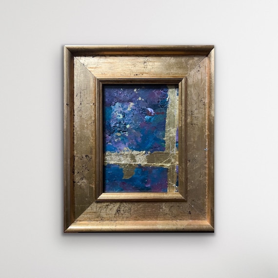 Original Framed Abstract Collage, Gold Leaf Acrylic & Ink, Distressed Gold Frame, Ready to Hang, Blue Purple Mixed Media Art