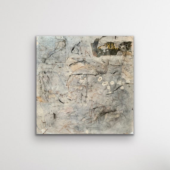 Abstract art, It will all come out, charcoal, pigment, acrylic paint and coffee on paper adhered to wooden panels 25x25 cm
