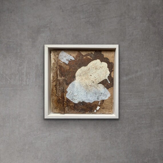 First signs of spring V Collage botanical ink, acrylic paint, texture on paper and linen adhered to a wooden panel white frame 18x18 cm
