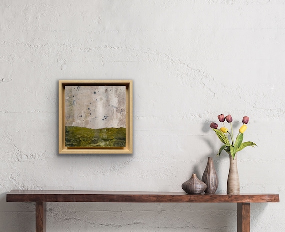 Abstract artwork, field trip collage paper botanical ink and acrylic paint on wooden panel in float frame 24x24 cm