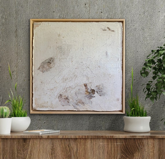 Reminiscence art Collage botanical ink, acrylic paint and texture on paper, linen and hessian adhered to wooden panel framed 54 x 54 cm
