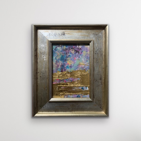Original Framed Abstract Collage, Gold Leaf Acrylic & Ink, Distressed Silver Gold Frame, Ready to Hang, Colourful Mixed Media Art