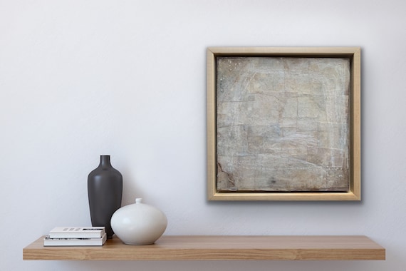 Abstract art, on my mind, collaged, paper, botanical ink, texture, acrylic paint and oil pastel on wooden panel in float frame 34x34 cm