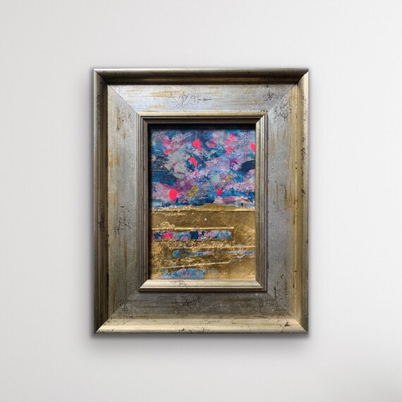 Original Framed Abstract Collage, Gold Leaf Acrylic & Ink, Distressed Silver Gold Frame, Ready to Hang, Pink Blue Coral Mixed Media Art