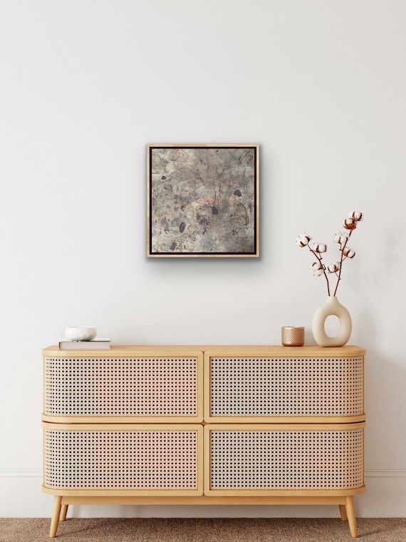 Abstract art, in your footsteps charcoal and pigment marks, botanical ink, flower dyed Irish linen adhered to wooden panel 54 x 54 cm framed
