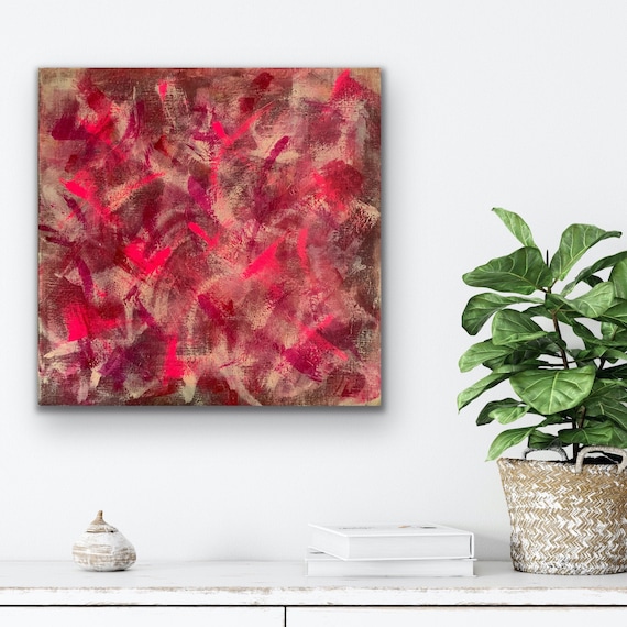 Celebration, pink abstract art, original acrylic painting on 50x50 cm box canvas