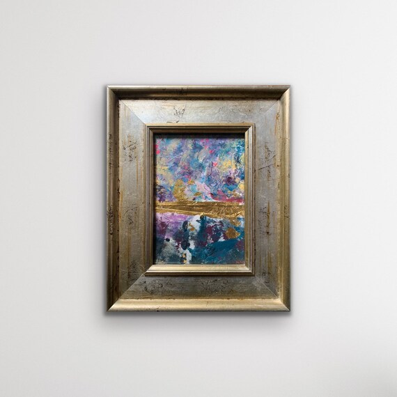 Original Framed Abstract Collage, Gold Leaf Acrylic & Ink, Distressed Silver Gold Frame, Ready to Hang, Colourful Mixed Media Art