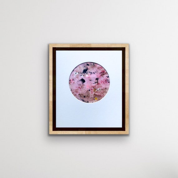 abstract art, cross country paper botanical ink, acrylic paint and oil pastel 15.5cm circle mounted on 30x25 cm card