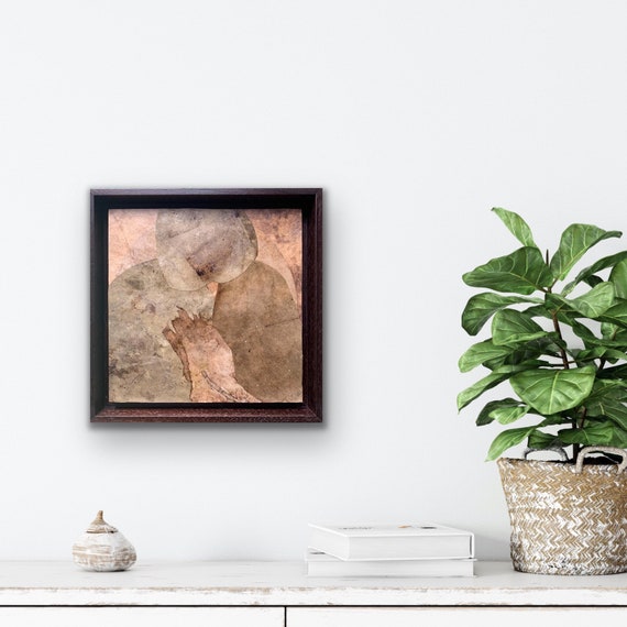 Abstract artwork, Embrace collage paper botanical ink and acrylic paint on wooden panel in float frame 29x29 cm