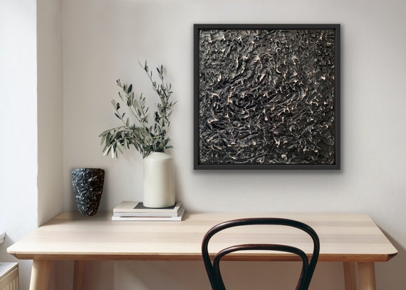 Ebb and flow textured minimalist black grey white abstract art acrylic paint and texture adhered to wooden panel framed black 54 x 54 cm