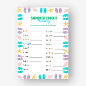 Summer Emoji Pictionary Game, Summer Fun Games, Family Games, Printable Games, Instant Download