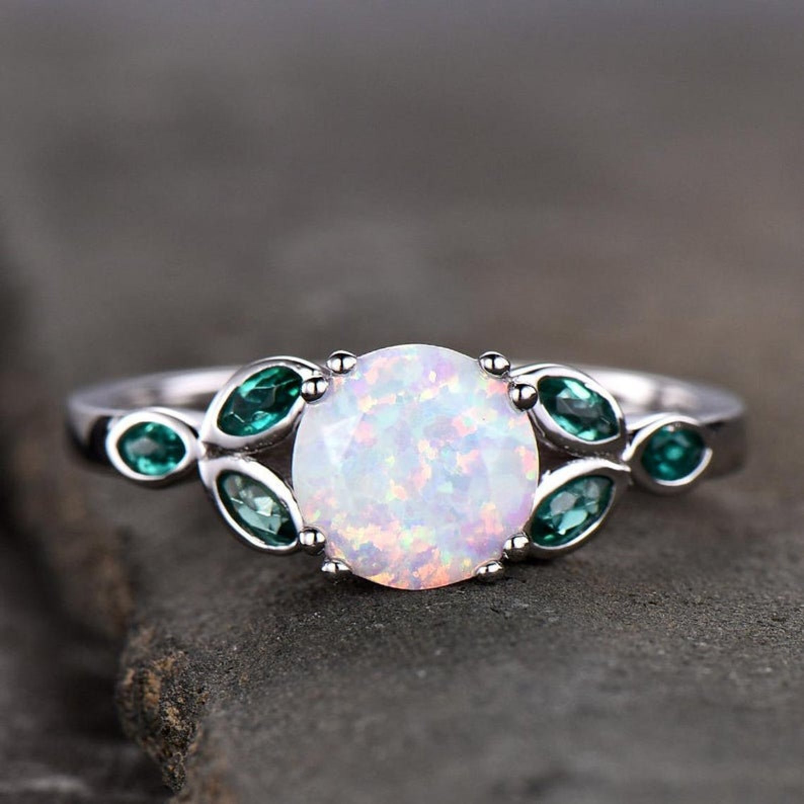 Opal Ring Opal Emerald Engagement Ring Sterling Silver Ring Etsy