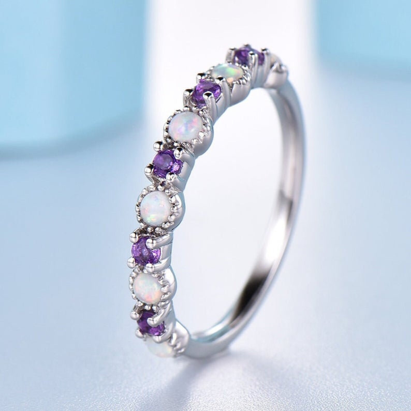 Opal Wedding Band Amethyst and Opal Ring 14K White Gold Etsy