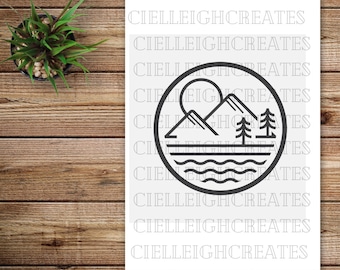 Mountain Sunset Circle Vinyl Decal: Outdoors Graphic Sticker