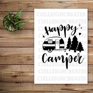 Happy Camper Vinyl Decal / adventure / happy / trees / trailer / camp / camping / rv / sticker / decal
