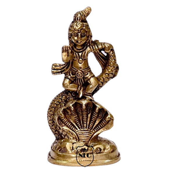 Krishna Brass Idol | Kaliya Daman - Lord Krishna Dancing on The Hood of Kaliya Naag Statue/Showpiece/Home Decor 4.5"