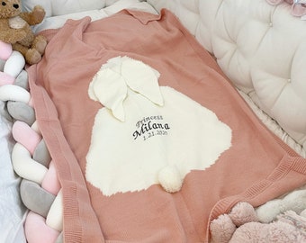 Personalized Baby Blanket | Rabbit Knit Stroller Blanket | Baby Boy Blanket With Name | Custom Baby Girl Gift | Welcome Baby Shower Gift