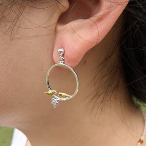 Gold Bird Hoop Earrings, Sterling Silver, Gold Plate Bird Charm Earrings, Dangle Silver Hoop Earrings, Stud Earrings