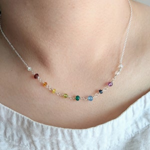Rainbow Necklace, Dainty Multi Gemstone Necklace, Delicate Sterling Silver Chain, Minimalist Jewelry, 14k Gold filled