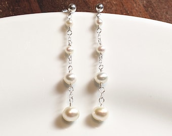 Pendientes colgantes de perlas de agua dulce, pendientes colgantes largos de perlas, pendientes colgantes de línea, plata de ley, pendientes de perlas nupciales, piedra de nacimiento de junio