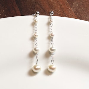 Freshwater Pearl Drop Earrings, Pearl Long Dangle Earrings, Line Drop Earrings, Sterling Silver, Bridal Pearl Earrings, June Birthstone