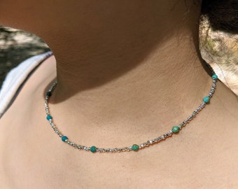 Dainty Beaded Turquoise Necklace, Karen Hill Tribe Silver, Boho Turquoise Necklace, Tribe Silver Beaded Necklace, Natural Turquoise