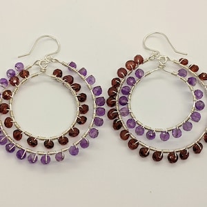 Amethyst Garnet Hoop Earrings, Mismatched Gemstone Earrings, Sterling Silver, Bohemian Style, Dangling Earrings with Beautiful Movement