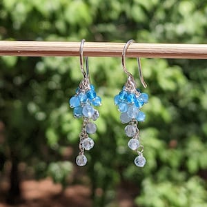 Gemstone Cluster Dangle Earrings, Apatite, Cat eye, Aquamarine, Blue Ombre Earrings, Waterfall Drop Earrings, Sterling Silver, Gift for Her