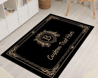 Alfombra de lujo personalizada con iniciales y texto a medida: elegante alfombra negra con monograma dorado, alfombra con nombre familiar personalizado, ideal para bodas o inauguraciones de casas.