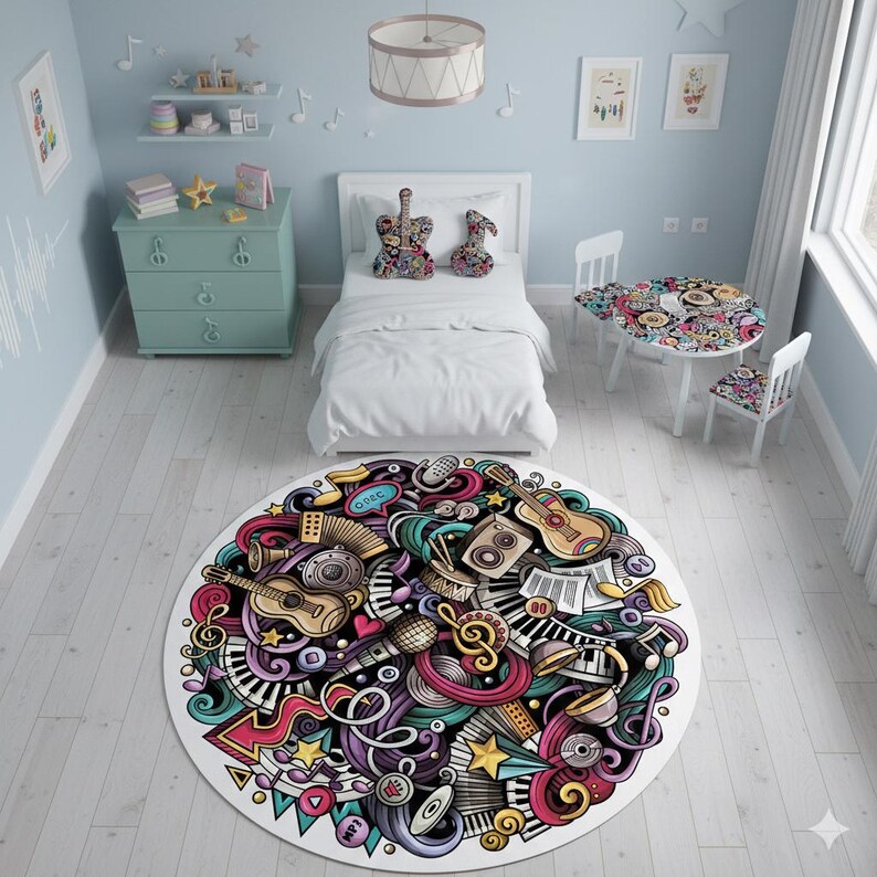 Musical Instrument Rug Round Music Doodle Rug, Colorful Pop Art Area Rug, Music Room Decor ...