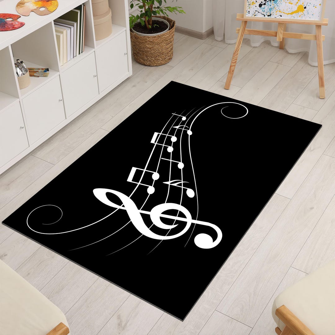 Music Note Area Rug – Black and White Treble Clef Carpet – Modern ...
