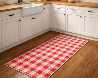 Red Gingham Kitchen Runner Rug, Pink & White Checkered Rug, Farmhouse Cottagecore Kitchen Decor, Washable Floor Mat, Entryway Hallway Runner