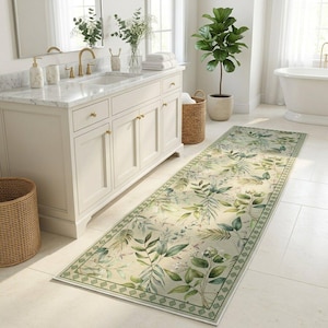 Puede incluir: Una alfombra rectangular larga con un diseño botánico en un baño. La alfombra presenta un fondo crema con hojas verdes y verde azulado y un borde estampado. El baño tiene gabinetes blancos, un lavabo y una bañera.