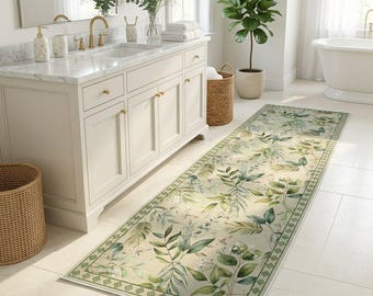 May include: A long, rectangular rug with a botanical design in a bathroom setting. The rug features a cream-colored background with green and blue-green leaves and a patterned border. The bathroom has white cabinets, a sink, and a bathtub.
