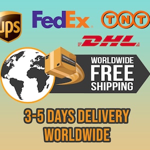 K&ouml;nnte beinhalten: Eine Grafik, die einen Globus mit einem Paket zeigt, das um ihn herum verschickt wird. Der Text lautet "Weltweiter kostenloser Versand" und "3-5 Tage Lieferzeit weltweit". Die Logos von UPS, FedEx, TNT und DHL werden ebenfalls angezeigt.