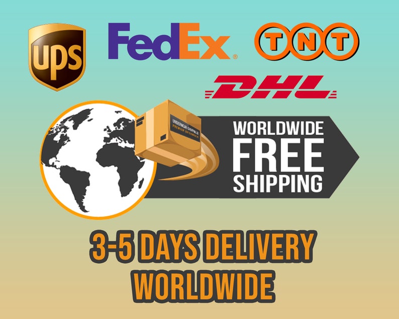 K&ouml;nnte beinhalten: Eine Grafik, die einen Globus mit einem Paket zeigt, das um ihn herum verschickt wird. Der Text lautet "Weltweiter kostenloser Versand" und "3-5 Tage Lieferzeit weltweit". Die Logos von UPS, FedEx, TNT und DHL werden ebenfalls angezeigt.