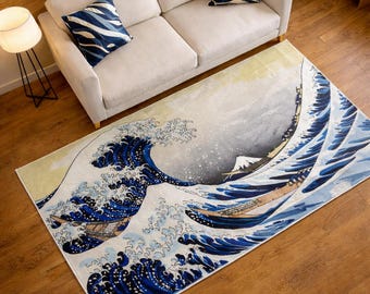 The Great Wave off Kanagawa Printed Area Rug • Washable Printed Area Rug • Gift for Home • Home Decor