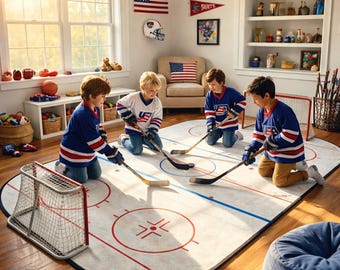 Tappeto personalizzato a forma di pista da hockey per la cameretta e la sala giochi dei bambini.