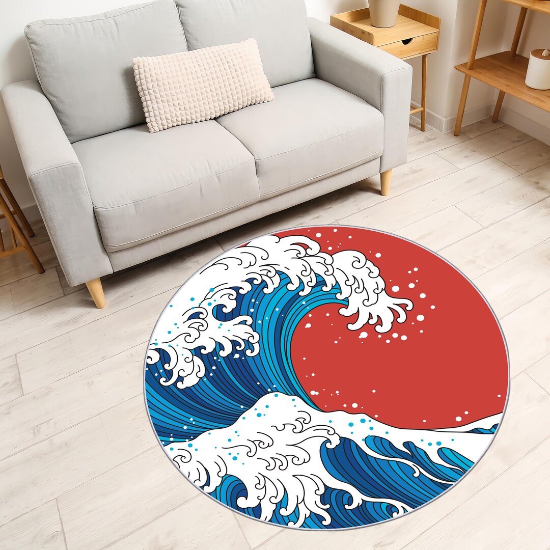 2d Japanese Rug Round Japanese Wave Rug • Modern Hokusai Style Ocean Art Floor Mat ...