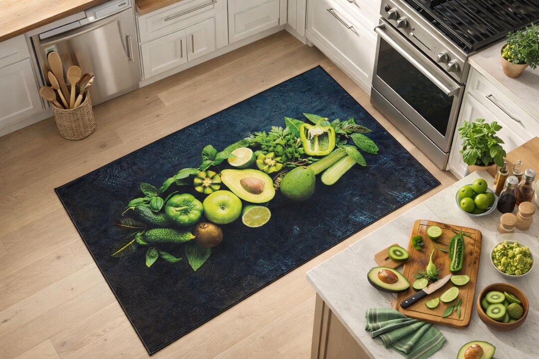 Non Slip Green Veggie Kitchen Rug, Avocado & Cucumber Print Floor Mat ...