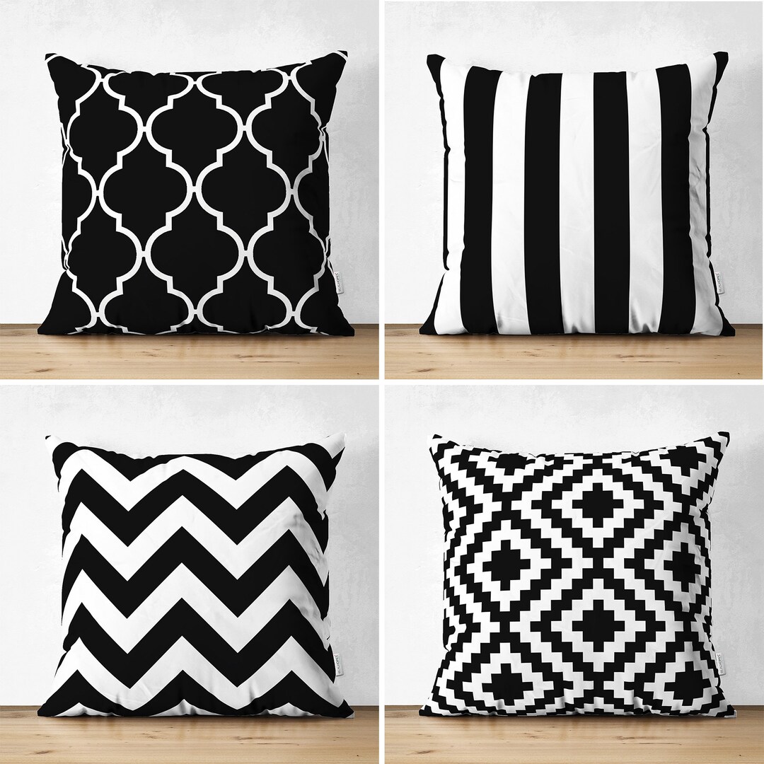 4 Pieces SET Black White Striped Pillow Coverdouble Sided Etsy