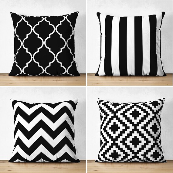 4 Pieces SET Black White Striped Pillow CoverDouble Sided Etsy