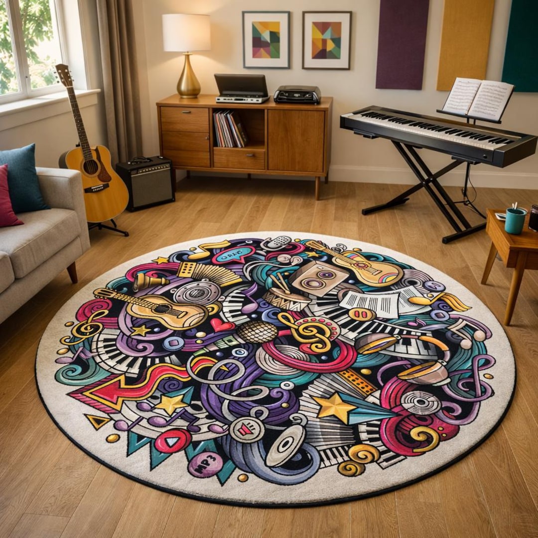 Round Music Doodle Rug, Colorful Pop Art Area Rug, Music Room Decor ...